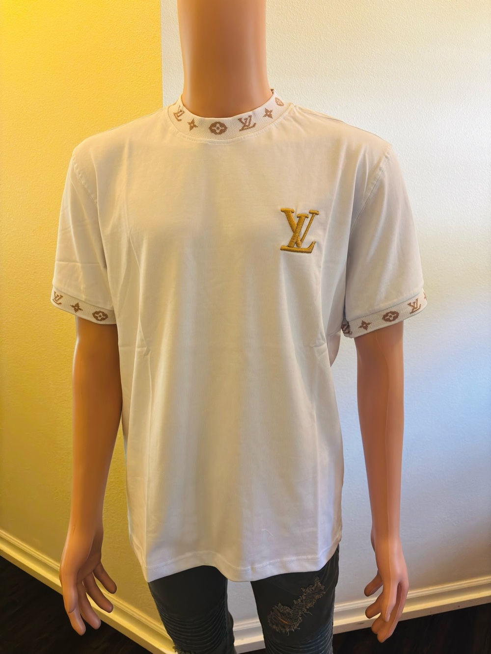 Louis Vuitton White Tee with Gold LV Embroidered Logo